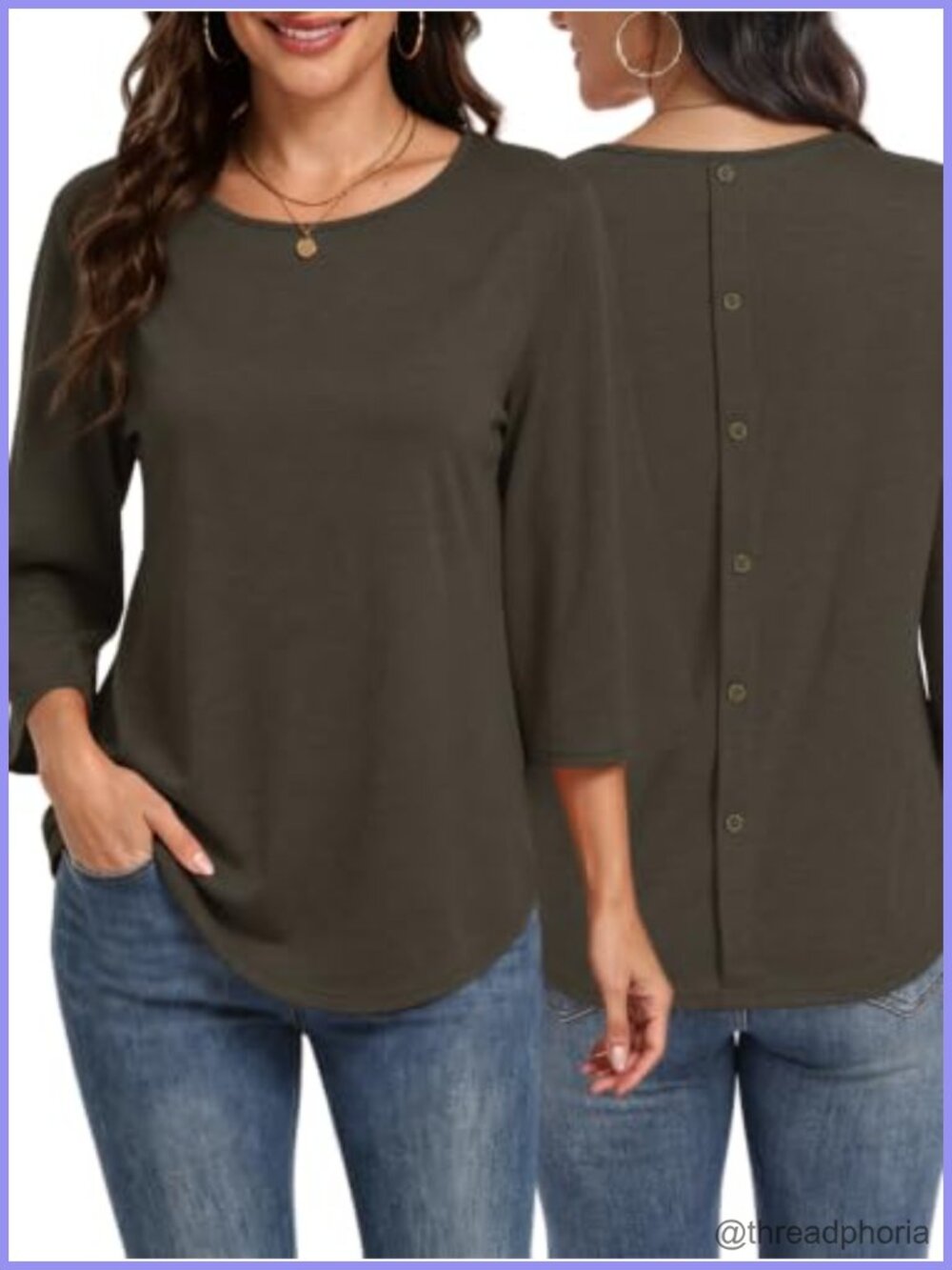 Women's 3/4 Sleeve Crew Neck Back Button Blouse Casual Top